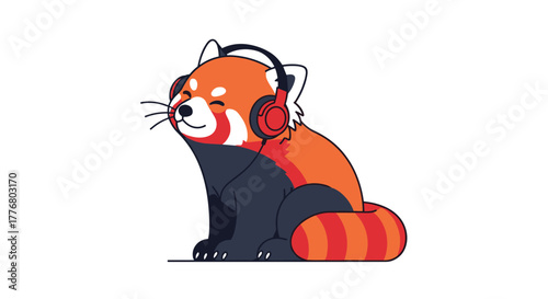 Cute red panda listening to music with headphones in playful cartoon style