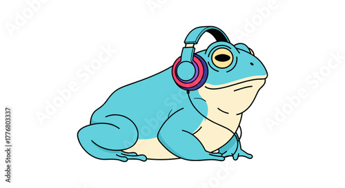 Blue frog wearing headphones on white background with pop art style