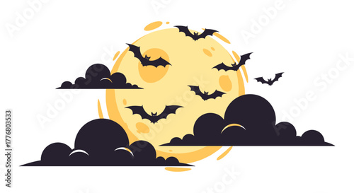 Halloween night scene with bats, clouds, and full moon in flat design