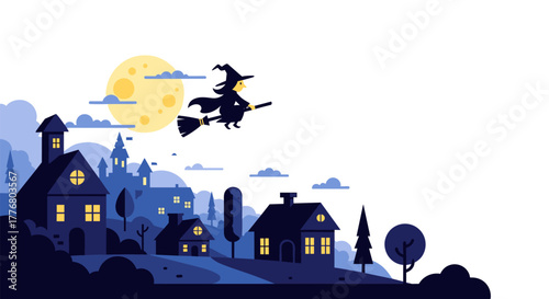 Whimsical witch flying over a halloween village under a full moon