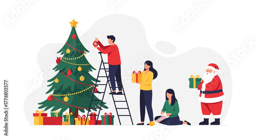 Family decorating christmas tree with santa and gifts in festive scene