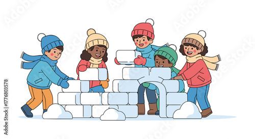 Children building snow fort in winter clothing with smiles and team spirit