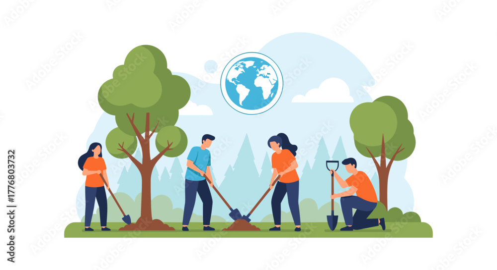 Fototapeta premium Eco-friendly volunteers planting trees for earth conservation in nature