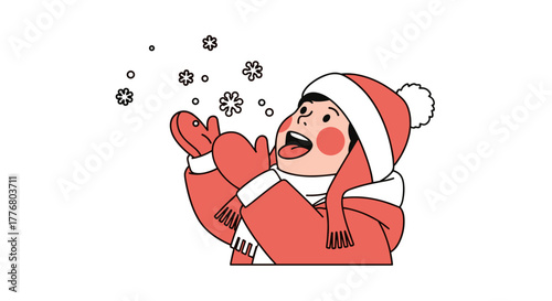 Child enjoying snowflakes in winter attire with joyful expression