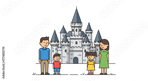 Family vacation at a magical castle in whimsical flat art style