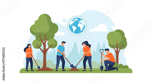 Eco-friendly volunteers planting trees for earth conservation in nature