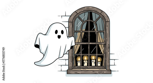 Playful ghost floating by a candlelit window in cartoon style