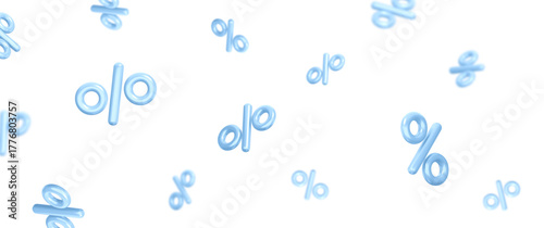 3d flying blue winter percent signs discount with blur effect and different angles. Voucher gift. Stock vector illustration on isolated background.