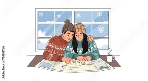 Cozy winter map reading by the fireplace with snowy scene and hot cocoa