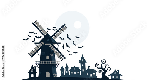 Spooky halloween scene with windmill silhouette and flying bats