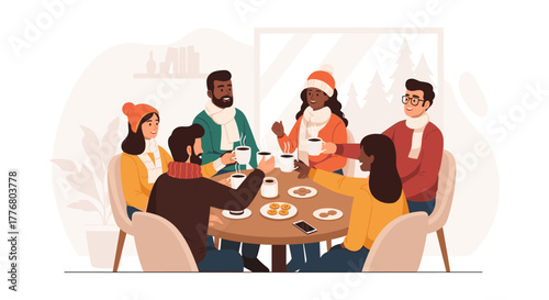 Cozy winter gathering of friends sharing hot beverages at home