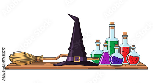 Witch hat with magic potions on wooden shelf cartoon art