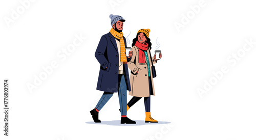 Smiling couple strolling in winter attire holding coffee cups