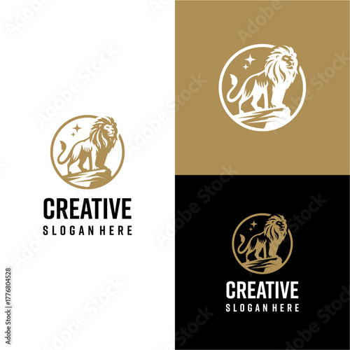 a lion that looks sturdy standing on a hill and looks modern