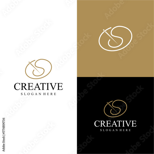 Modern S initial logo combined with sewing needle elements
