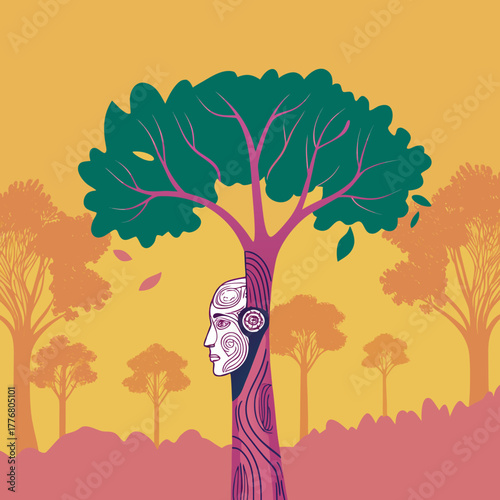 Surreal tree with human face in vibrant colors against yellow background  
