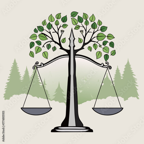 Tree of life balancing scales symbolizing nature and justice  