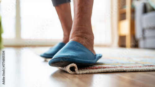 Senior person tripping over curled rug edge, home fall hazard, accident risk in elderly care, unsafe flooring, injury prevention, household safety, mobility issue, aging in place danger