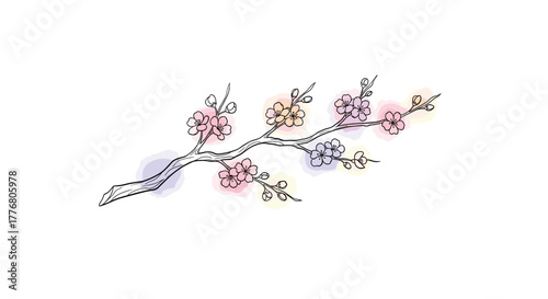 Doodle Blooming Cherry Blossom Branch, excellent for spa logo, wedding invitations, and spring design element — One Line Art Minimalist Watercolor Vector on White Background
