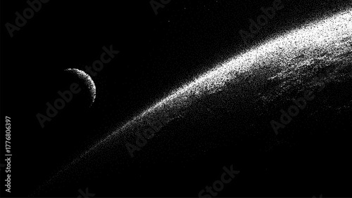 Distant planet or moon and galaxy in a stipple dot art style. Cosmic background for outer space concept. Astronomical illustration.
