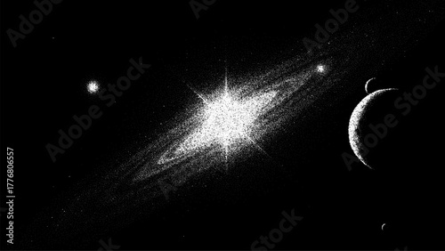 Stipple drawing of a cosmic landscape with a galaxy, stars and a planet. Space vector graphic for scientific illustration or futuristic design.