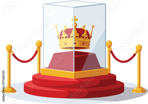 Royal crown vector, displayed in glass case on circular pedestal, ceremonial setting with stanchions and ropes, front view, flat illustration