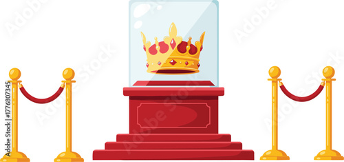 Royal crown vector, displayed in glass case on red pedestal, ceremonial setting with stanchions and ropes, front view, flat illustrationRoyal crown vector, displayed in glass  on red pedestal.