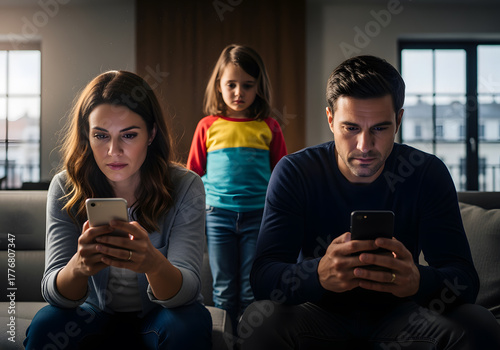 Disconnected Family: Parents Absorbed by Smartphones While Child Seeks Attention