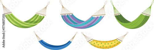 Hammock vector set, five colorful designs, striped, polka dot, gradient styles, camping and relaxation theme, front view, flat illustration