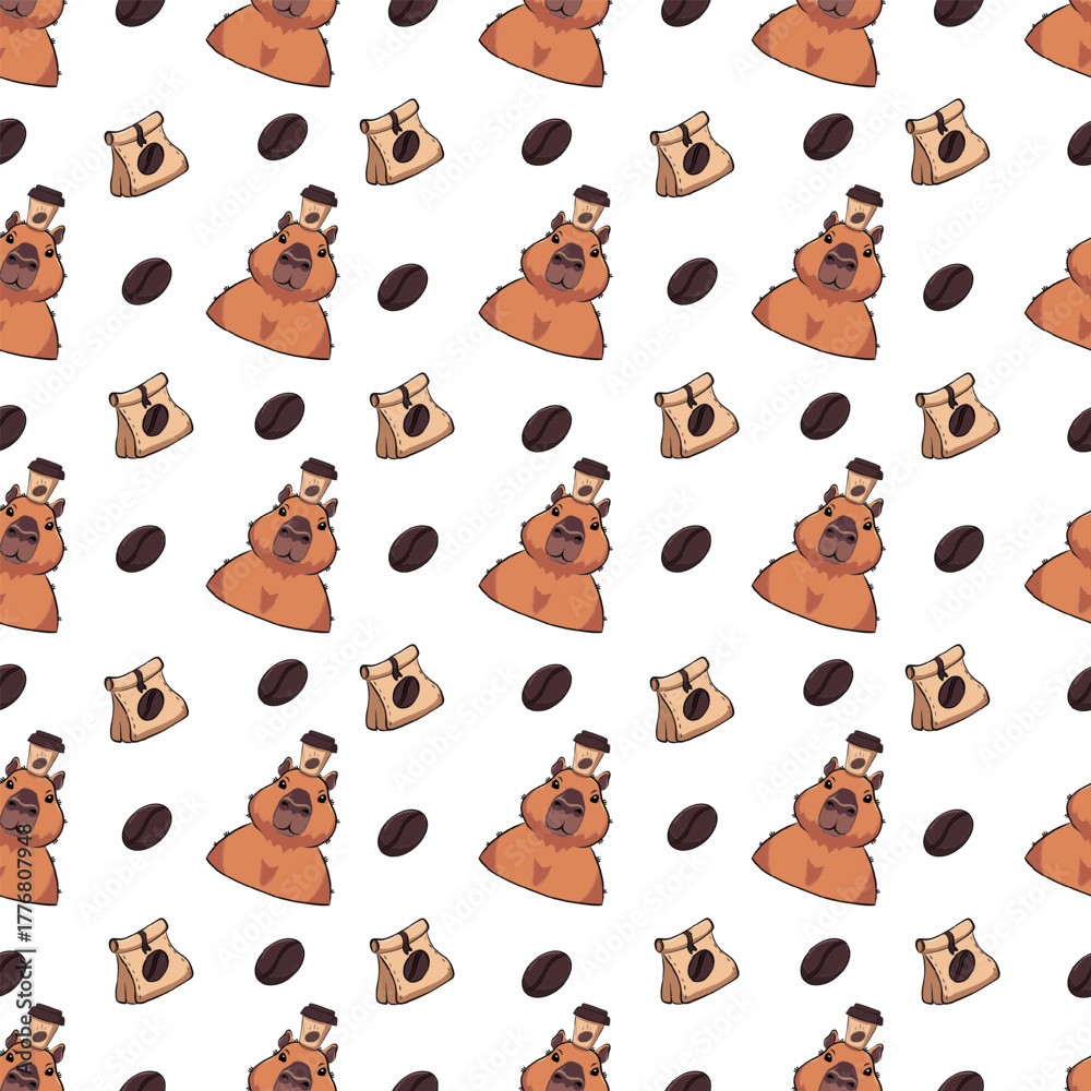 Obraz premium Pattern with a capybara and a cup of coffee