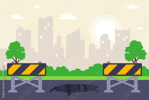 A pothole in the road is marked with signs. Flat illustration.