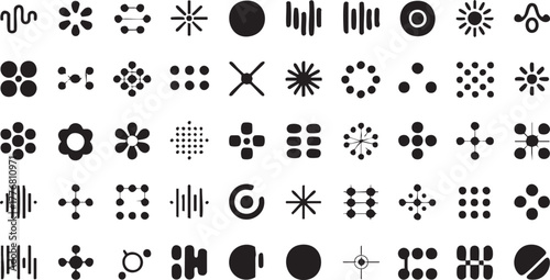 Abstract retro shapes, basic brutal forms and figures in Y2K aesthetics, vintage stickers, logos, labels. Decorative design elements, vector illustration.