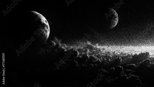 Cosmic planets and atmosphere in stipple style. Universe or alien world. Halftone dotted vector illustration for science presentation.