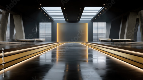 Futuristic minimalist interior with sleek lines, polished floor, ambient lighting, and modern architecture, evoking high tech atmosphere