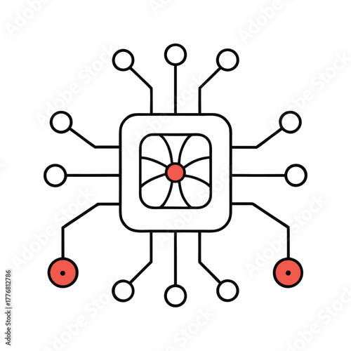 Stylized microchip with cooling fan and circuit connections icon  isolated on white background.