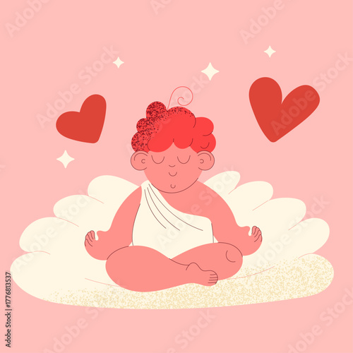 Cute cupid meditating on cloud with hearts in soft pink flat style for Valentines Day and love concepts