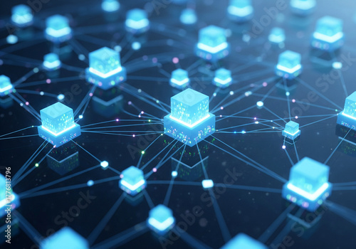 A futuristic digital landscape of interconnected data blocks forming a decentralized network, illustrating the complex flow of information