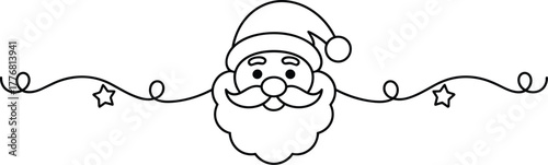 Black and white line art Santa Claus face with decorative swirls and stars
