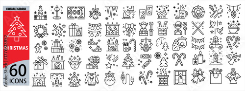 Christmas Celebrations related icons set, Editable Stroke, Line Icons, Christmas icons collection featuring festive symbols like trees, gifts, and the New Year Celebrations