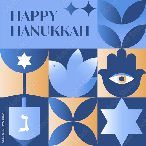 Hanukkah vector illustration.Festive background with menorah,dove,hamsa,dreidel,David star