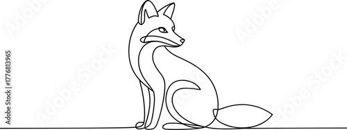 Black line art fox sitting on white background animal