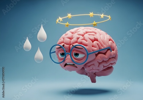 Sad Brain with Halo, Glasses and Droplets Symbolizing Burnout