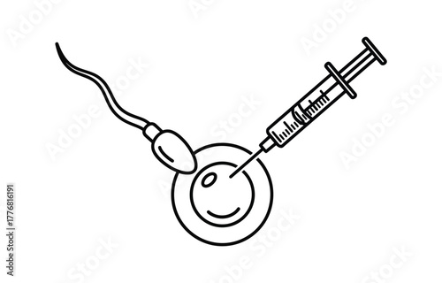 Assisted reproductive technology concept of fertilization with syringe and sperm near egg