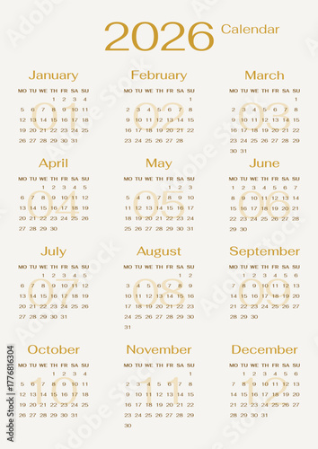 English 2026 calendar year template single vertical page in golden elegant design. Week starts on Monday layout monthly planner 