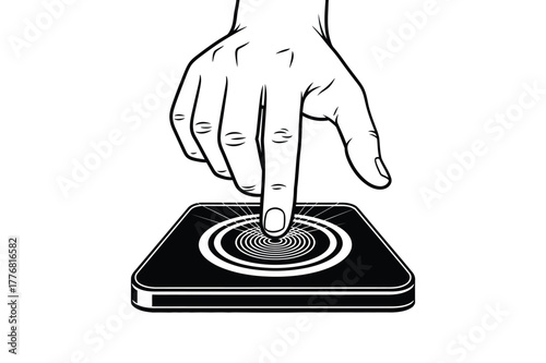 Fingertip pressing a glowing digital button, activating technology with a touch.