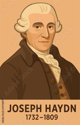 Vector portrait of Joseph Haydn with signature and dates of his life, used in materials about classical music. Copy space in the upper right corner.