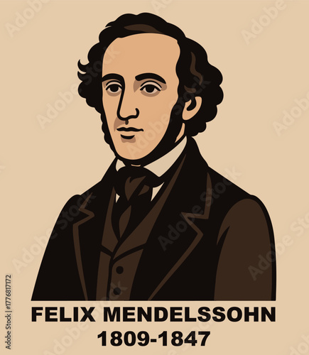 Portrait of composer Felix Mendelssohn in a 19th century costume. Historical illustration of the composer, signed with dates of his life