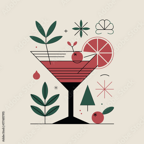Geometric cocktail illustration with fruits and leaves in retro style  