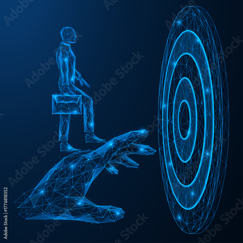The digital path to success. The figure of a man with a briefcase standing on the finger of his hand, which points to the center of the target. Support concept and achievement of business goals.