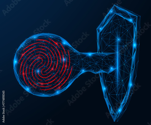 Digital identity protection. The key with the fingerprint is inserted into the shield. The concept of biometric data protection and cybersecurity. Polygonal design, blue background.